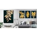 Nordic Triptych Plant Living Room Golden Abstract Leaf Painting