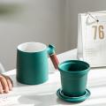 Handmade Ceramic One-piece Filter Tea Cup with Lid Dark Blue