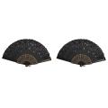 2x Black Plastic Frame Embroidery Floral Detail Folding Hand Fan
