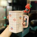 Cute Girl Mug with Strawberry Straws Ceramic Mug with Lid Red