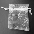 200 Pcs Drawstring Jewelry Bags Silver White Snowflakes Printed Sheer