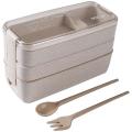 Japanese Lunch Box Bento Box , 3-in-1 Compartment, Wheat Straw,beige