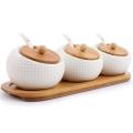 Porcelain Condiment Jar Spice Container with Lids - Bamboo Cap Holder