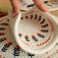 4pcs Round Printed Cotton Rope Placemats Woven Dining Mats Coasters