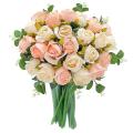 Artificial Flowers Fake Roses Bouquet 24 Heads & Eucalyptus (pink )
