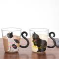 Cute Kitty Glass Water Cup Cat Tail Handle Coffee Fruit Juice -white