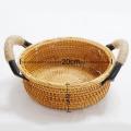 Rattan Round Basket Tray with Handle,for Breakfast Drink Snack Tea A