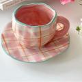 Pink Plaid Ceramic Coffee Cup Set Irregular Home Breakfast Milk Cup