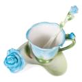 3d Rose Shape Flower Ceramic Coffee Tea Cup and Saucer Spoon -blue