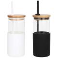 Glass Tumbler with Bamboo Lid, Straw (16oz), 2-piece,(white & Black)