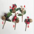 15pcs Red Christmas Berry and Pine Cone with Holly Branches for Decor