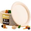 100 Pack 9in Compostable Disposable Round Bagasse Paper Plates