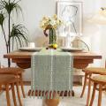 Rustic Linen Table Runner with Handmade Tassel,hemstitched Embroidery