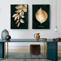 Nordic Triptych Plant Living Room Golden Abstract Leaf Painting