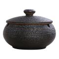 Ceramic Ashtray with Windproof Lid for Indoor Outdoor -black