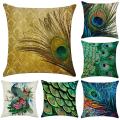 6pcs Peacock Feather Pattern Pillowcase Linen Pillow Cover Home Decor