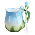 Ceramic Rose Flower Shape Teacups Breakfast Cups with Spoon-blue