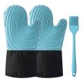 Silicone Oven Heat Resistant Thick Gloves 1 Pair with 1 Brush-blue