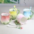 Ceramic Rose Flower Shape Teacups Breakfast Cups with Spoon-red