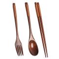 Wooden Flatware Set, Spoon Fork Chopsticks with Khaki Twining Thread