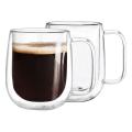 Double Wall Glass Coffee Mugs Tea Cups Set Of 2, with Handle (300ml)