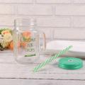 450ml Drinking Glass Set Mason Jar Mugs with Handle &straws (green)