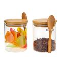 Glass Food Canister Castor Wooden Food Container with Wooden Spoon