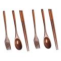 Wooden Flatware Set, Spoon Fork Chopsticks with Khaki Twining Thread