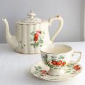 French Retro Teapot Coffee Cup Set Gold Edge Cup Saucer Flower Big C