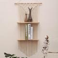 Wall Hanging Macrame Tapestry with Wood Storage Shelf