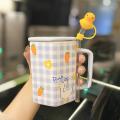 Cute Girl Mug with Strawberry Straws Ceramic Mug with Lid Yellow