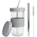 22oz Reusable Boba Cup Mason Jar Cups with Lids and Straws-gray