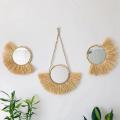 40cm Acrylic Hanging Mirror Moroccan Style Straw Wood Beads Pendant-d