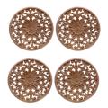 4x Carved Flower Carving Round Wood Appliques Figurine