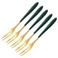 5pieces Of 5inch Stainless Steel Fruit Fork Two Tooth Fork Dark Green
