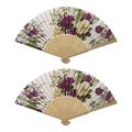 2x Women's Summer Wedding Floral Pattern Fabric Hand Fan White Purple