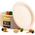 100 Pack 7in Compostable Disposable Round Bagasse Paper Plates