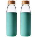 2x 500 Ml Bamboo Cover Glass Water Bottle with Bamboo Lid and Sleeve