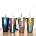 Irregular Double Layer Stainless Steel with Straw Cover Water Cup A
