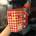 Cute Girl Mug with Strawberry Straws Ceramic Mug with Lid Blue