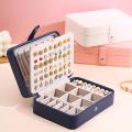 Women Leather 2 Layer Jewelry Organizer for Necklace Rings Navy Blue