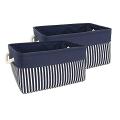 2 Pack Foldable Blue and White Striped Stitched Storage Basket Toy