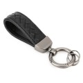 Car Metal + Braided Leather Key Ring Keychain (Black)