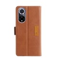 For Huawei nova 9 Contrast Color Side Buckle Leather Phone Case(Light Brown + Green)
