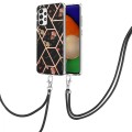For Samsung Galaxy A23 5G / 4G Splicing Marble Flower Pattern TPU Phone Case with Lanyard(Black Flow