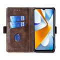 For Samsung Galaxy M13 Contrast Color Side Buckle Leather Phone Case(Dark Brown+Gold)