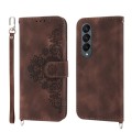 For Samsung Galaxy Z Fold3 5G Skin-feel Flowers Embossed Wallet Leather Phone Case(Brown)