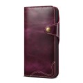 For iPhone 14 Plus Denior Oil Wax Cowhide Magnetic Button Genuine Leather Case (Purple)