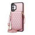 For Samsung Galaxy A13 5G / 4G Rhombic Texture RFID Phone Case with Lanyard & Mirror(Rose Gold)