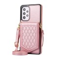 For Samsung Galaxy A52 5G / 4G / A52s Rhombic Texture RFID Phone Case with Lanyard & Mirror(Rose Gol
